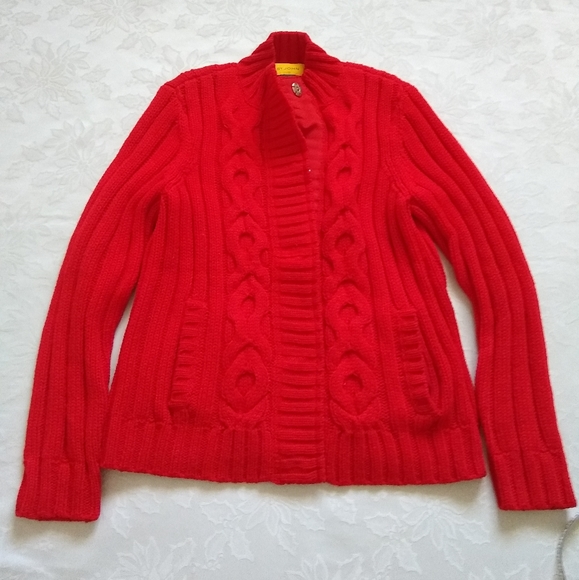 St. John Sweaters - St John wool aran cable knit red cardigan